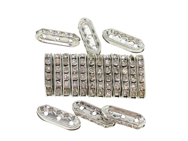 METAL ELEMENTS - 3 HOLES MULTI STRANDS RHINESTONE CONNECTOR SPACER BEADS - ELLIPSE 01 - 21x7x4mm NICKEL COLOR WITH WHITE - 10pcs. Hole-1.8mm