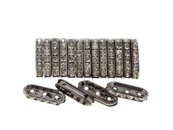 METAL ELEMENTS - 3 HOLES MULTI STRANDS RHINESTONE CONNECTOR SPACER BEADS - ELLIPSE 01 - 21x7x4mm OXIDIZED WITH WHITE - 100pcs. Hole-1.8mm