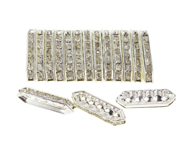 METAL ELEMENTS - 5 HOLES MULTI STRANDS RHINESTONE CONNECTOR SPACER BEADS - ELLIPSE 01 - 27x8x4mm SILVER COLOR WITH WHITE - 10pcs. Hole-1.8mm