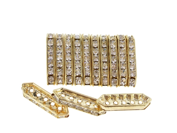 METAL ELEMENTS - 5 HOLES MULTI STRANDS RHINESTONE CONNECTOR SPACER BEADS - ELLIPSE 01 - 27x8x4mm GOLD COLOR 03 WITH WHITE - 100pcs. Hole-1.8mm