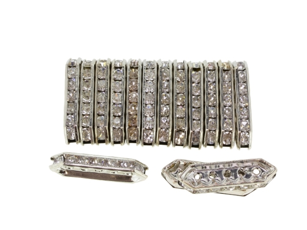 METAL ELEMENTS - 5 HOLES MULTI STRANDS RHINESTONE CONNECTOR SPACER BEADS - ELLIPSE 01 - 27x8x4mm NICKEL COLOR WITH WHITE - 100pcs. Hole-1.8mm