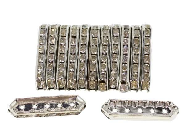 METAL ELEMENTS - 5 HOLES MULTI STRANDS RHINESTONE CONNECTOR SPACER BEADS - ELLIPSE 01 - 35x9x5mm NICKEL COLOR WITH WHITE - 100pcs. Hole-1.8mm