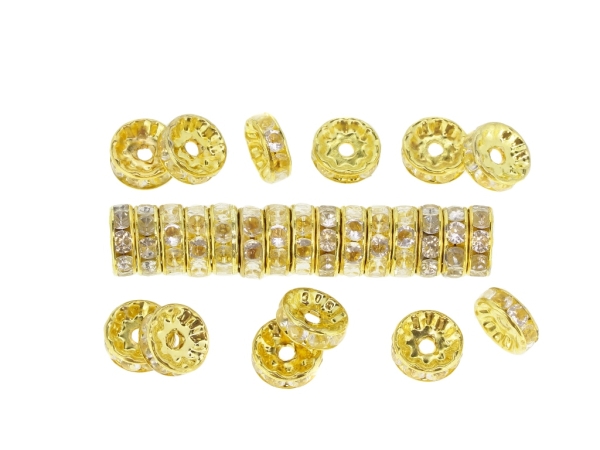 METAL ELEMENTS - RHINESTONE RONDELLE CRYSTAL ROUND LOOSE SPACER BEADS 01 - 10mm GOLD COLOR WITH WHITE - 500pcs. Hole-2.2mm