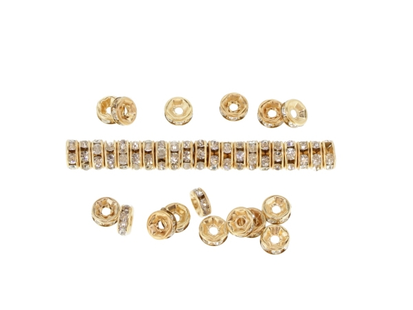 METAL ELEMENTS - RHINESTONE RONDELLE CRYSTAL ROUND LOOSE SPACER BEADS 01 - 6mm GOLD COLOR 03 WITH WHITE - 100pcs. Hole-1.8mm