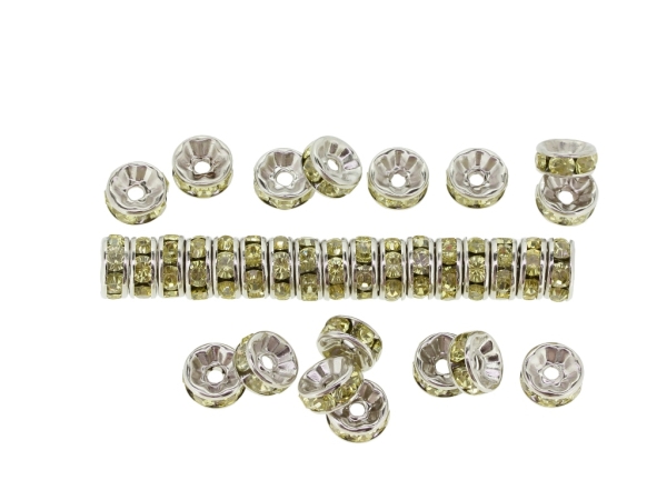 METAL ELEMENTS - RHINESTONE RONDELLE CRYSTAL ROUND LOOSE SPACER BEADS 01 - 8mm NICKEL COLOR WITH GREEN (LIGHT) - 50pcs. Hole-1.8mm