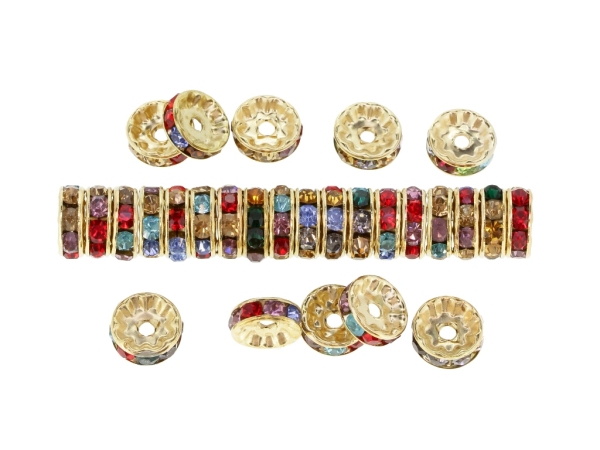 METAL ELEMENTS - RHINESTONE RONDELLE CRYSTAL ROUND LOOSE SPACER BEADS 01 - 10mm GOLD COLOR 03 WITH MIX - 250pcs. Hole-2.2mm