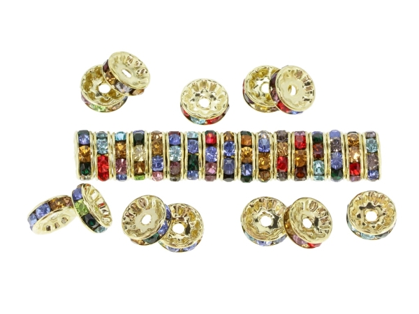 METAL ELEMENTS - RHINESTONE RONDELLE CRYSTAL ROUND LOOSE SPACER BEADS 01 - 10mm GOLD COLOR 02 WITH MIX - 250pcs. Hole-2.2mm