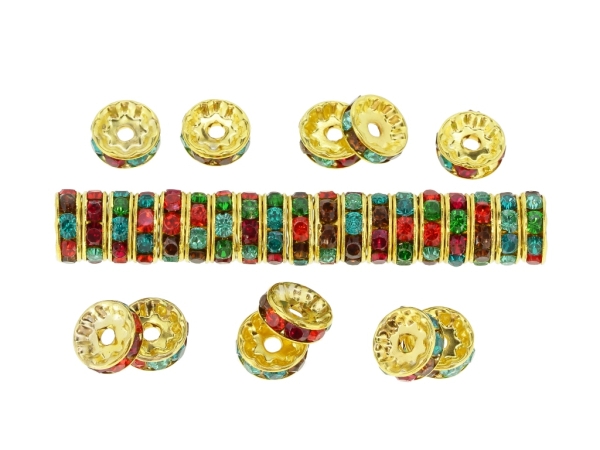 METAL ELEMENTS - RHINESTONE RONDELLE CRYSTAL ROUND LOOSE SPACER BEADS 01 - 10mm GOLD COLOR WITH MIX - 250pcs. Hole-2.2mm