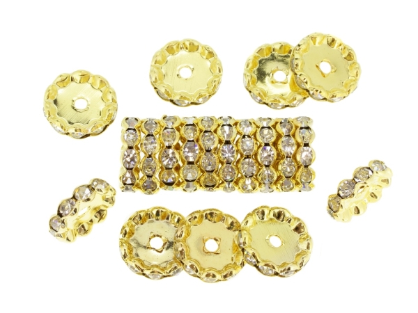 METAL ELEMENTS - RHINESTONE RONDELLE CRYSTAL ROUND LOOSE SPACER BEADS 02 - 15mm GOLD COLOR WITH WHITE - 100pcs. Hole-2.5mm