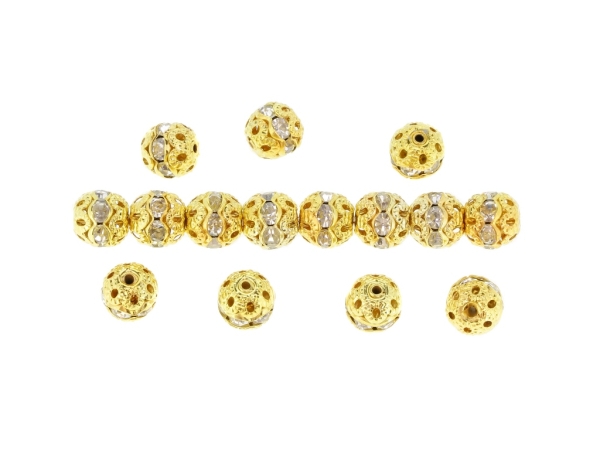 METAL ELEMENTS - RHINESTONE BALL BEAD CRYSTAL ROUND SPACER - 8mm GOLD COLOR WITH WHITE - 100pcs. Hole-1.2mm