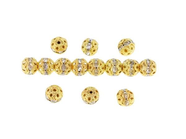 METAL ELEMENTS - RHINESTONE BALL BEAD CRYSTAL ROUND SPACER - 8mm GOLD COLOR 03 WITH WHITE - 100pcs. Hole-1.2mm