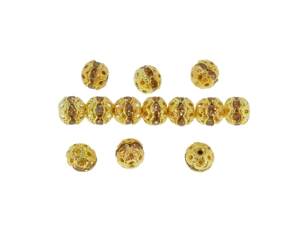 METAL ELEMENTS - RHINESTONE BALL BEAD CRYSTAL ROUND SPACER - 8mm GOLD COLOR 03 WITH BROWN (LIGHT) - 100pcs. Hole-1.2mm