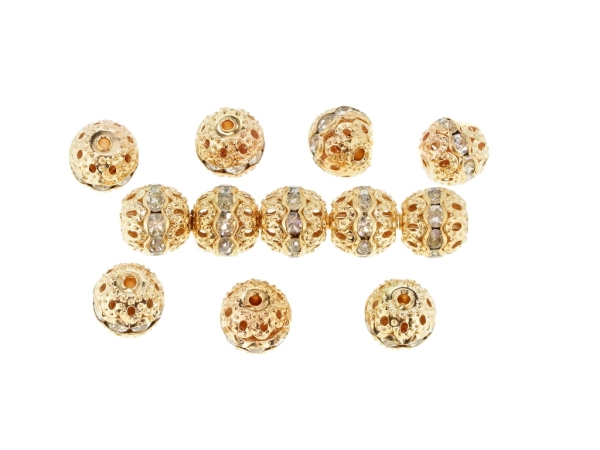 METAL ELEMENTS - RHINESTONE BALL BEAD CRYSTAL ROUND SPACER - 10mm GOLD COLOR 03 WITH WHITE - 50pcs. Hole-1.5mm