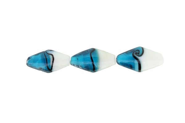 GLASS BEADS - MURANO STYLE - BICONES - OPAQUE WITH TRANSPARENT - 30х16mm WHITE-TURQUOISE-PURPLE (DARK) - 48pcs. Hole:1.5mm