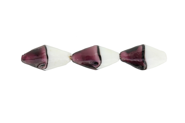 GLASS BEADS - MURANO STYLE - BICONES - OPAQUE WITH TRANSPARENT - 30х16mm WHITE-CYCLAMEN (DARK)-PURPLE (DARK) - 48pcs. Hole:1.5mm