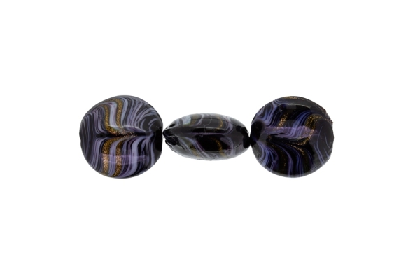 GLASS BEADS - MURANO STYLE - BONIBON WITH STRIPES - OPAQUE - 20х10mm BLACK-GRAY (LIGHT)-GOLD - 60pcs. Hole:1.5mm