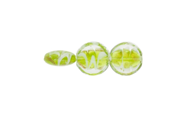 GLASS BEADS - MURANO STYLE - BONIBON WITH STRIPES - TRANSPARENT - 20х10mm GREEN (LIGHT)-WHITE-GOLD - 60pcs. Hole:1.5mm