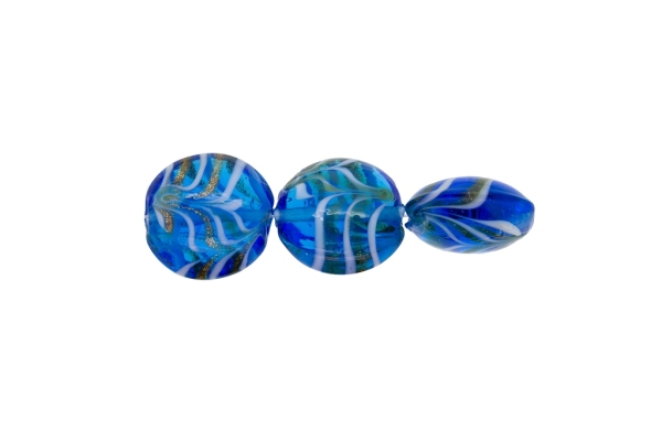 GLASS BEADS - MURANO STYLE - BONIBON WITH STRIPES - TRANSPARENT - 20х10mm BLUE SKY (DARK)-WHITE-GOLD - 60pcs. Hole:1.5mm