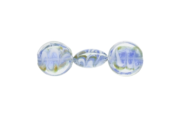 GLASS BEADS - MURANO STYLE - BONIBON WITH STRIPES 02 - TRANSPARENT - 20х10mm BLUE-WHITE-GOLD - 60pcs. Hole:1.5mm