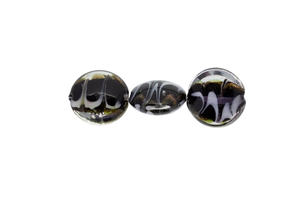 GLASS BEADS - MURANO STYLE - BONIBON WITH STRIPES 02 - TRANSPARENT - 20х10mm BLACK-WHITE-GOLD - 60pcs. Hole:1.5mm