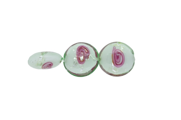 GLASS BEADS - MURANO STYLE - BONIBON WITH WHITE FILLING AND SPOTS 02 - 20х10mm RESEDA-PINK-SILVER - 60pcs. Hole:1.5mm