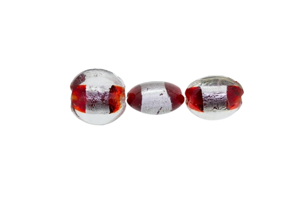 GLASS BEADS - MURANO STYLE - BONIBON WITH SILVER FILLING 02 - 20х10mm WHITE-SILVER-RED (DARK) - 60pcs. Hole:1.5mm