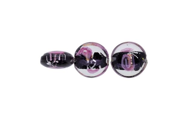 GLASS BEADS - MURANO STYLE - BONIBON WITH BLACK FILLING AND SPOTS 02 - 20х10mm BLACK-PINK-SILVER - 60pcs. Hole:1.5mm