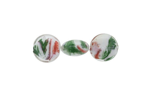 GLASS BEADS - MURANO STYLE - BONIBON WITH COLORFUL FILLING - 20х10mm WHITE-RED-GREEN - 60pcs. Hole:1.5mm