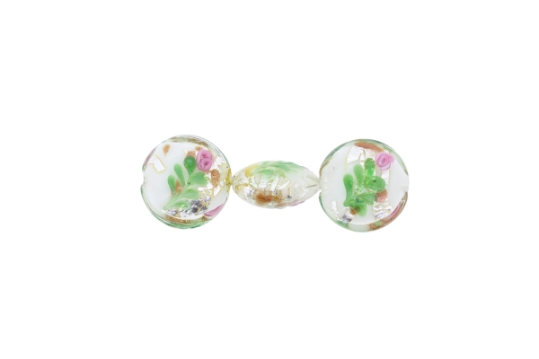 GLASS BEADS - MURANO STYLE - BONIBON WITH RELIEF FLOWERS - WHITE FILLING - 20х10mm WHITE-GREEN-COPPER (LIGHT)-SILVER - 60pcs. Hole:1.5mm