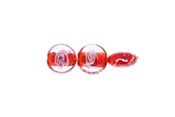 GLASS BEADS - MURANO STYLE - BONIBON WITH FILLING WITH SPOTS 02 - 20х10mm WHITE-RED-PINK-SILVER - 60pcs. Hole:1.5mm