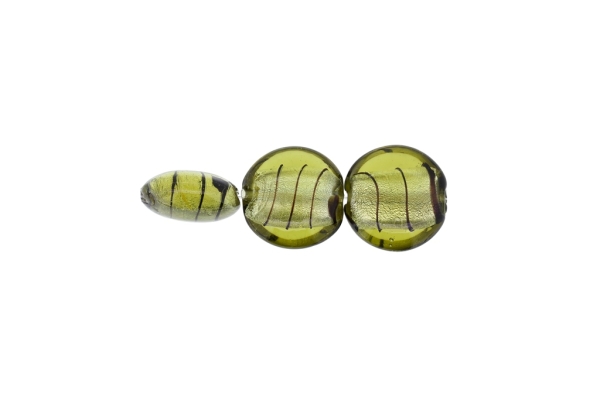 GLASS BEADS - MURANO STYLE - BONIBON WITH SILVER FILLING AND STRIPES - 20х10mm GREEN MILITARY - 60pcs. Hole:1.5mm