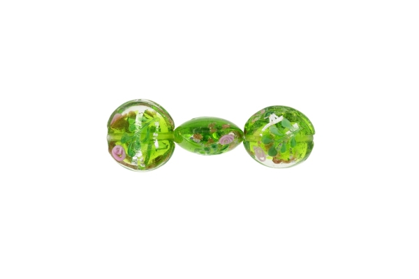 GLASS BEADS - MURANO STYLE - BONIBON WITH RELIEF FLOWERS - TRANSPARENT - 20х10mm WHITE-GREEN-GREEN (DARK)-SILVER - 60pcs. Hole:1.5mm