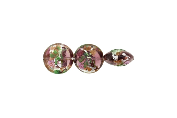 GLASS BEADS - MURANO STYLE - BONIBON WITH RELIEF FLOWERS - TRANSPARENT - 20х10mm WHITE-ROSE DUST-GREEN-SILVER - 60pcs. Hole:1.5mm