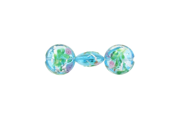 GLASS BEADS - MURANO STYLE - BONIBON WITH RELIEF FLOWERS - TRANSPARENT - 20х10mm WHITE-BLUE SKY (DARK)-GREEN-SILVER - 60pcs. Hole:1.5mm