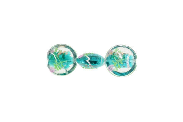 GLASS BEADS - MURANO STYLE - BONIBON WITH RELIEF FLOWERS - TRANSPARENT - 20х10mm WHITE-TURQUOISE GREEN-GREEN-SILVER - 60pcs. Hole:1.5mm