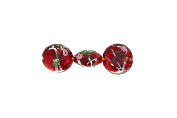 GLASS BEADS - MURANO STYLE - BONIBON WITH RELIEF FLOWERS - TRANSPARENT - 20х10mm WHITE-RED-GREEN (DARK)-SILVER - 60pcs. Hole:1.5mm