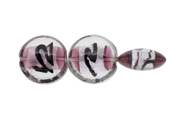 GLASS BEADS - MURANO STYLE - BONIBON WITH COLORFUL FILLING - 29х13mm WHITE-SILVER-ROSE DUST (DARK) - 30pcs. Hole:1.5mm