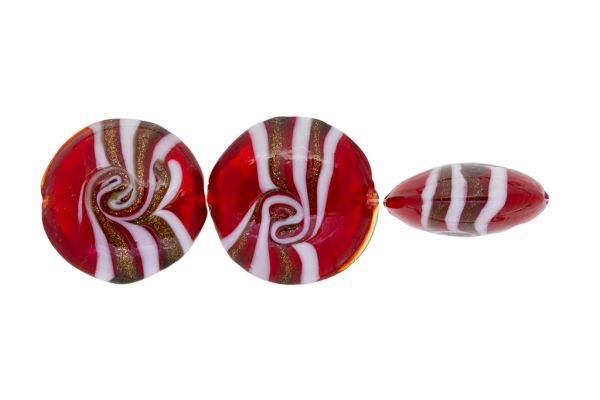 GLASS BEADS - MURANO STYLE - BONIBON WITH SPIRAL - TRANSPARENT - 29х13mm BORDEAUX-WHITE-GOLD - 30pcs. Hole:1.5mm
