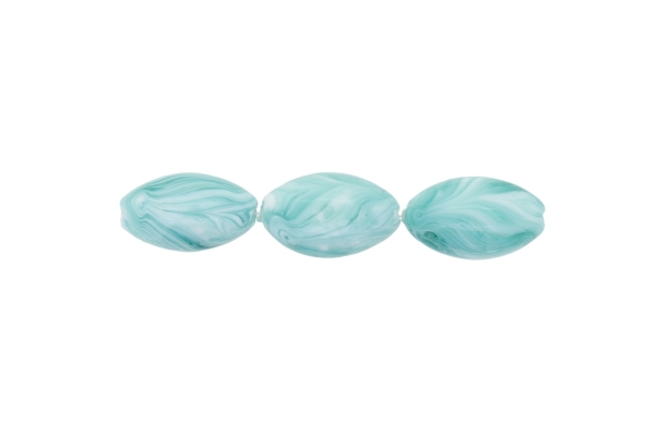 GLASS BEADS - MURANO STYLE - ELLIPSE - OPAQUE - 24х16mm WHITE AND TURQUOISE (LIGHT) - 48pcs. Hole:1.5mm