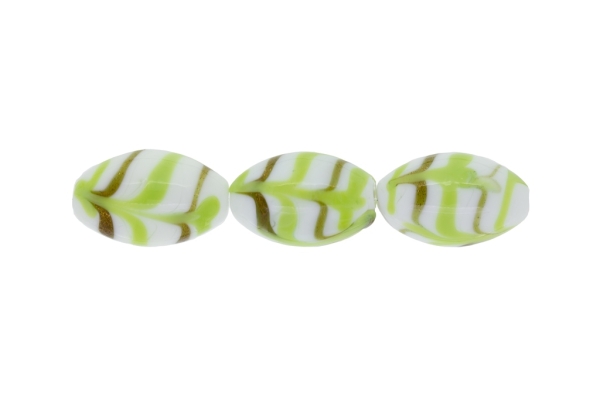 GLASS BEADS - MURANO STYLE - ELLIPSE WITH STRIPES - OPAQUE - 24х16mm WHITE-GREEN-GOLD - 48pcs. Hole:1.5mm