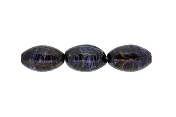 GLASS BEADS - MURANO STYLE - ELLIPSE WITH STRIPES - OPAQUE - 24х16mm BLACK-GRAY (LIGHT)-GOLD - 48pcs. Hole:1.5mm