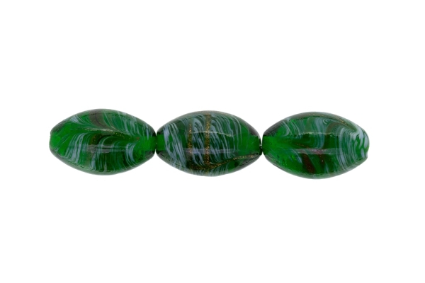 GLASS BEADS - MURANO STYLE - ELLIPSE WITH STRIPES - TRANSPARENT - 24х16mm GREEN (DARK)-WHITE-GOLD - 48pcs. Hole:1.5mm