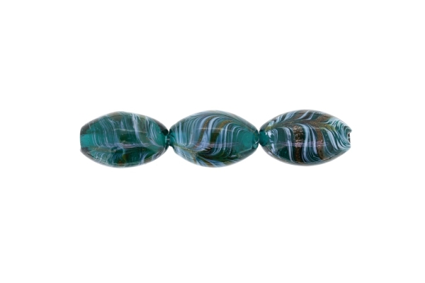 GLASS BEADS - MURANO STYLE - ELLIPSE WITH STRIPES - TRANSPARENT - 24х16mm TURQUOISE GREEN-WHITE-GOLD - 48pcs. Hole:1.5mm