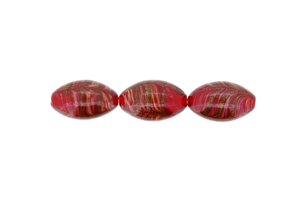 GLASS BEADS - MURANO STYLE - ELLIPSE WITH STRIPES - TRANSPARENT - 24х16mm RED (DARK)-WHITE-GOLD - 48pcs. Hole:1.5mm