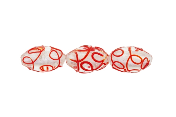 GLASS BEADS - MURANO STYLE - ELLIPSE WITH SILVER FILLING - RELIEF - 24х16mm WHITE AND RED - 48pcs. Hole:1.5mm