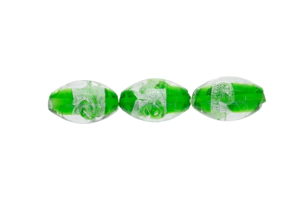 GLASS BEADS - MURANO STYLE - ELLIPSE WITH SILVER FILLING - SPIRAL - 24х16mm WHITE AND GREEN (DARK) - 48pcs. Hole:1.5mm