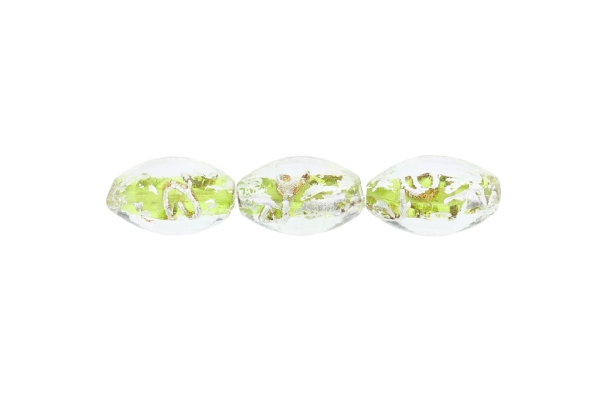 GLASS BEADS - MURANO STYLE - ELLIPSE WITH COLORFUL FILLING 02 - 24х16mm WHITE-GREEN (LIGHT)-SILVER-GOLD - 48pcs. Hole:1.5mm