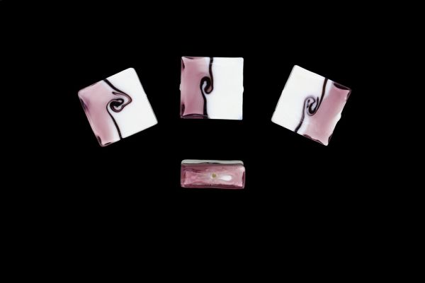 GLASS BEADS - MURANO STYLE - SQUARE - OPAQUE WITH TRANSPARENT - 20х20х7mm WHITE-CYCLAMEN (DARK)-PURPLE (DARK) - 60pcs. Hole:1.5mm