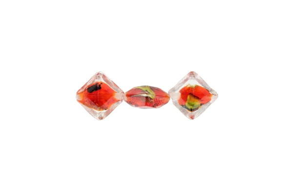 GLASS BEADS - MURANO STYLE - SQUARE FACETED WITH SPOTS - TRANSPARENT - 16х16х9mm WHITE-RED-COLORFUL - 100pcs. Hole:1.5mm