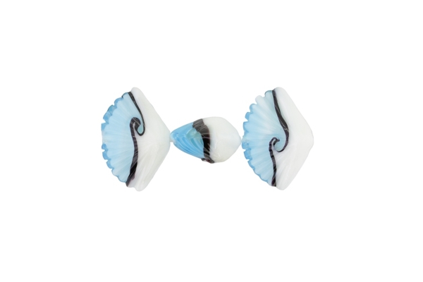 GLASS BEADS - MURANO STYLE - SEA SHELL - OPAQUE WITH TRANSPARENT - 20х30х16mm WHITE-BLUE SKY (DARK)-PURPLE (DARK) - 48pcs. Hole:1.5mm